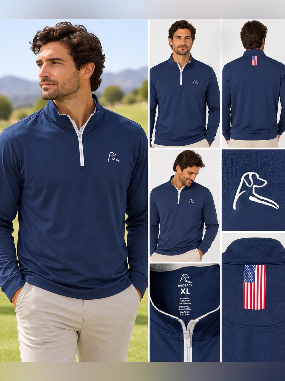 Rhoback Men’s XL Navy Performance Quarter Zip Pullover Golf Athletic USA Flag
